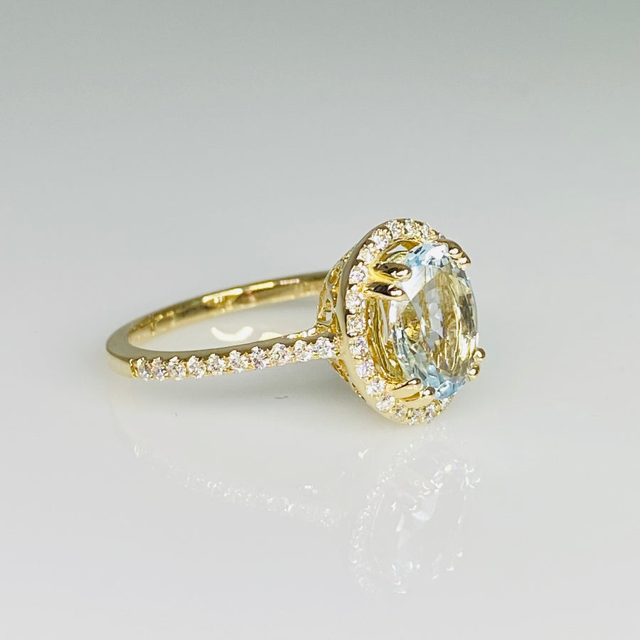 14K Yellow Gold Aquamarine Diamond Ring 1.53/0.32ct