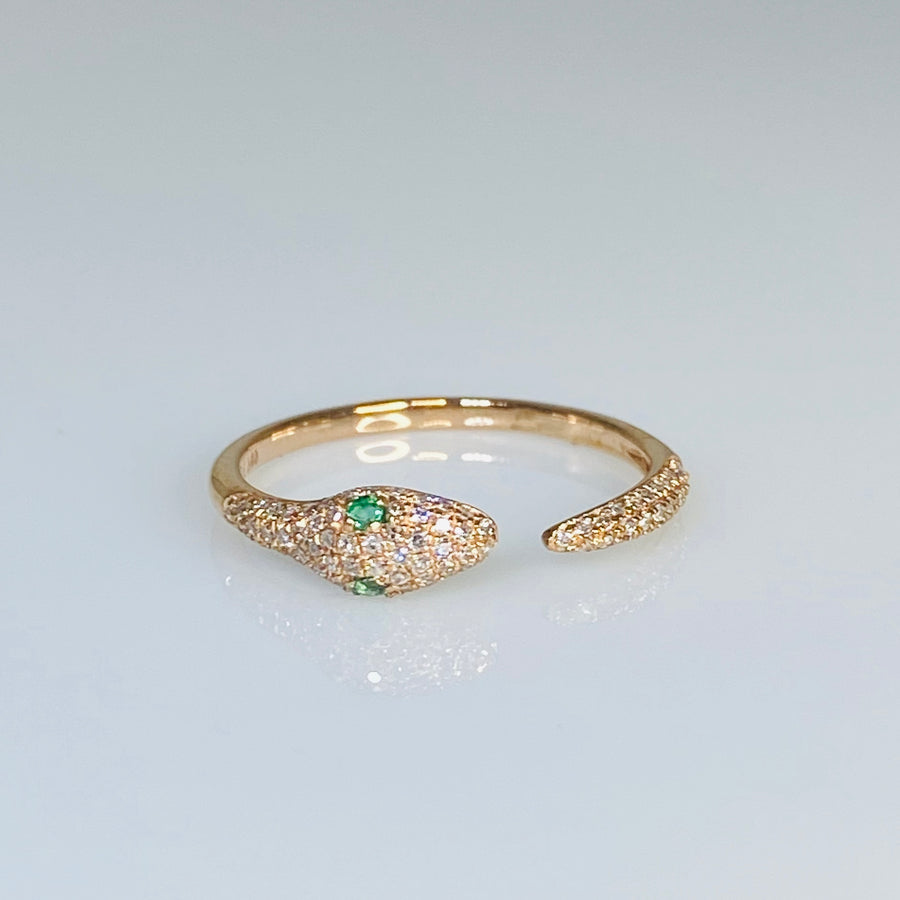 14K Rose Gold Emerald and Diamond Snake Ring 0.02/0.16ct