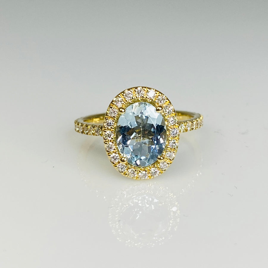18K Yellow Gold Aquamarine Diamond Ring 1.53/0.50ct