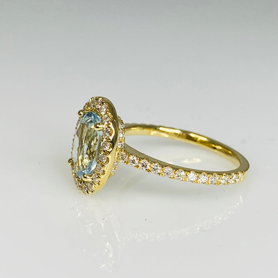 18K Yellow Gold Aquamarine Diamond Ring 1.53/0.50ct