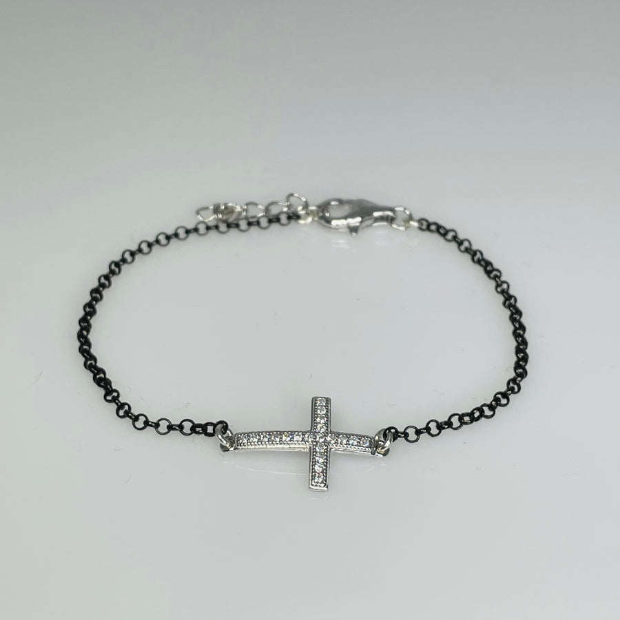 CZ Sideways Cross Bracelet - Silver