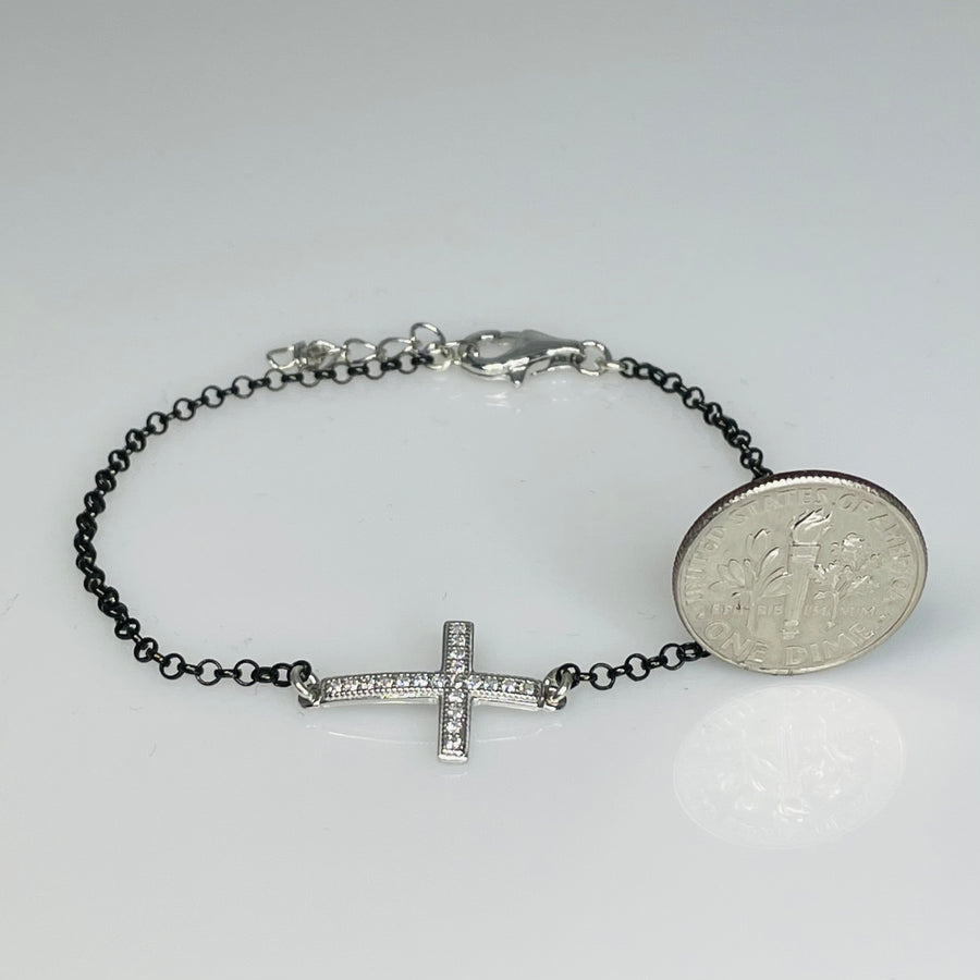 CZ Sideways Cross Bracelet - Silver