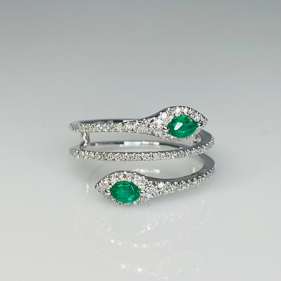 14K White Gold Emerald Diamond Snake Ring 0.27/0.25ct