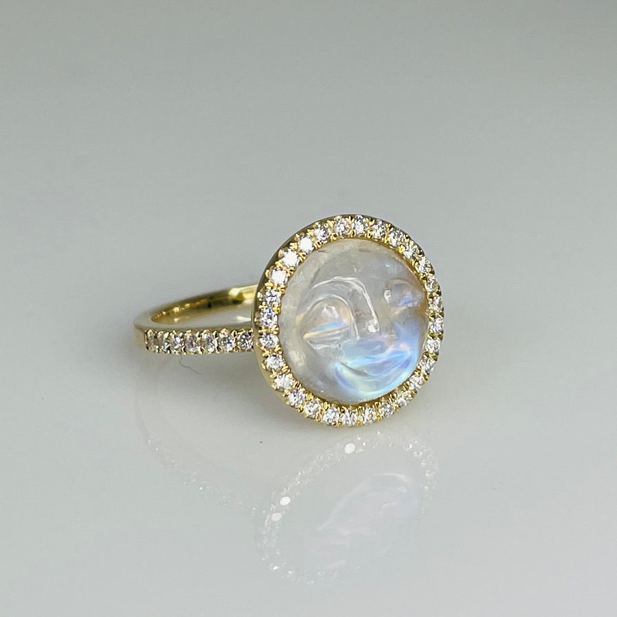 14K Yellow Gold Rainbow Moonstone Moon Face Diamond Ring 10mm