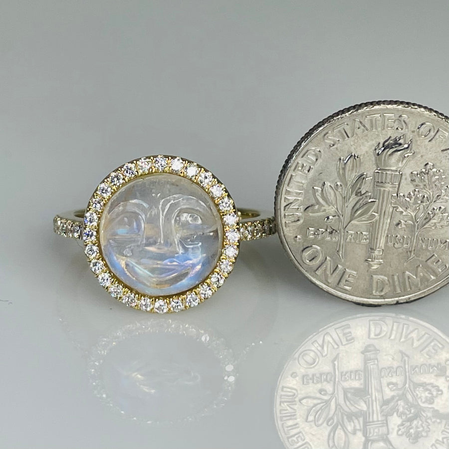 14K Yellow Gold Rainbow Moonstone Moon Face Diamond Ring 10mm