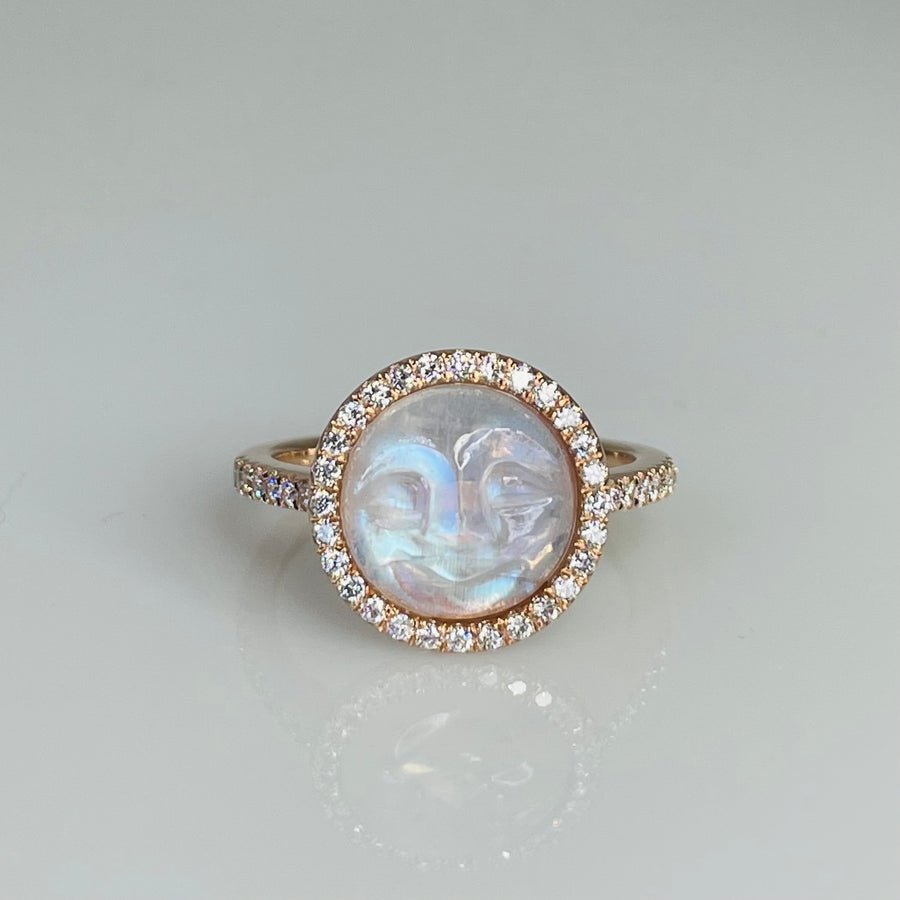 14K Rose Gold Rainbow Moonstone Moon Face Diamond Ring 10mm