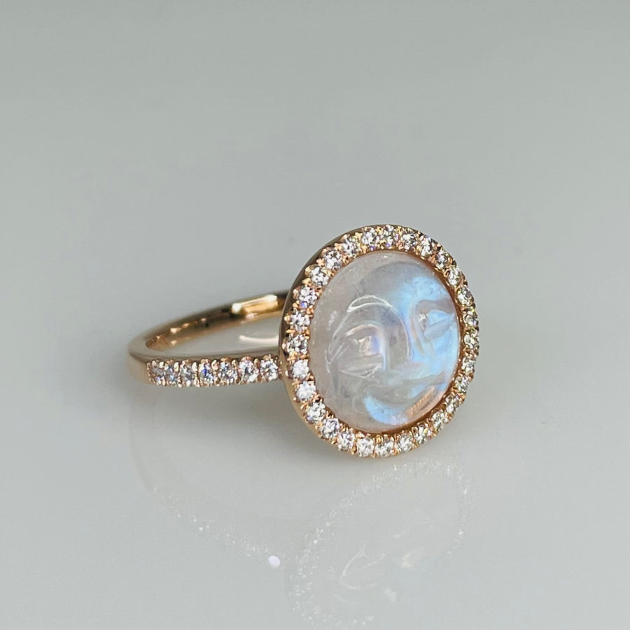 14K Rose Gold Rainbow Moonstone Moon Face Diamond Ring 10mm