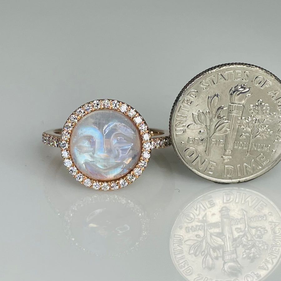 14K Rose Gold Rainbow Moonstone Moon Face Diamond Ring 10mm