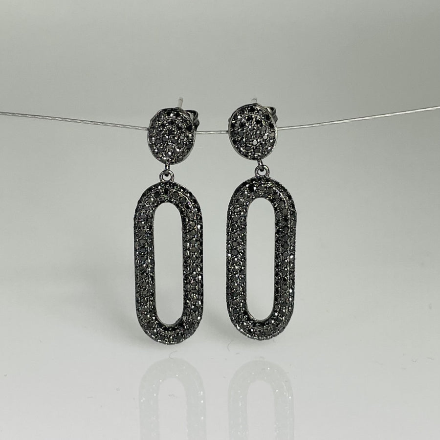 14K White Gold Black Diamond Oval Drop Earrings 1.50ct