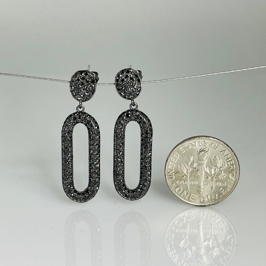 14K White Gold Black Diamond Oval Drop Earrings 1.50ct