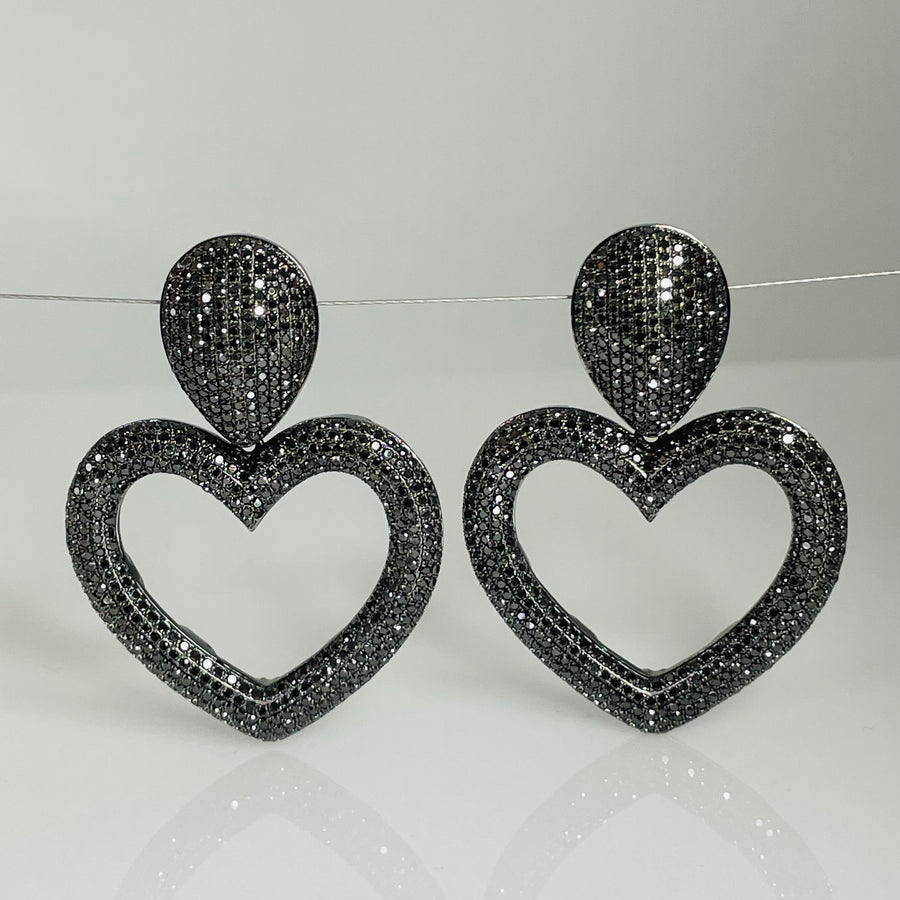 14K White Gold Black Diamond Heart Earrings 8.50ct