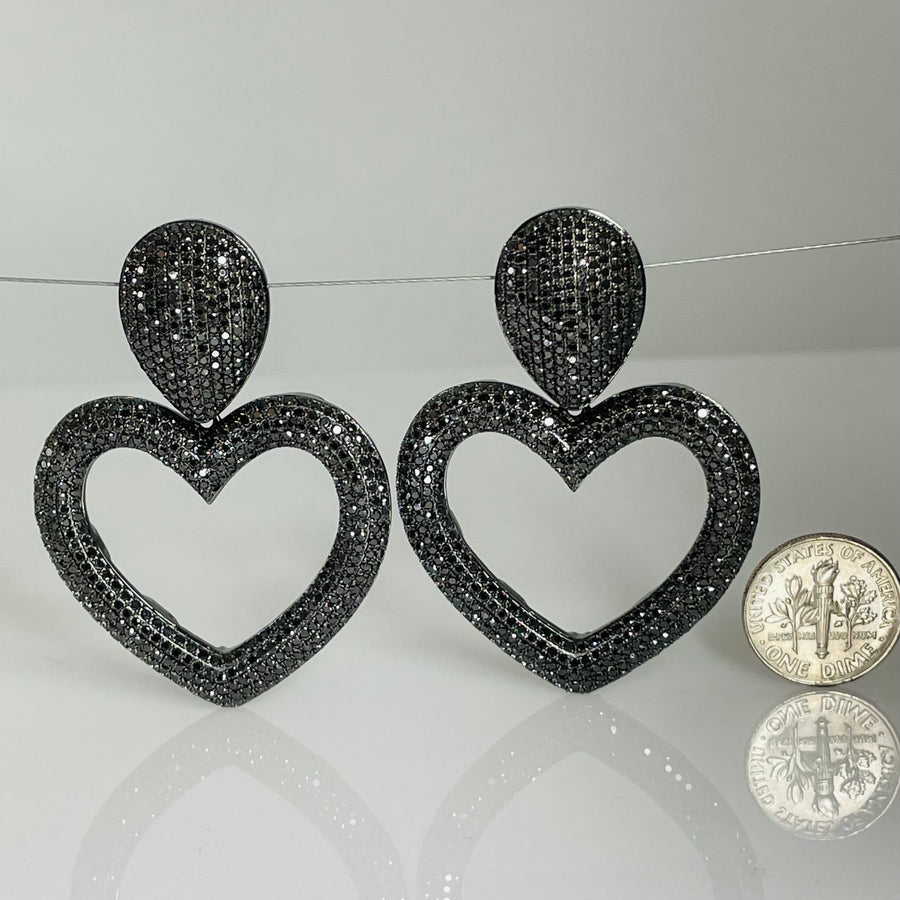 14K White Gold Black Diamond Heart Earrings 8.50ct