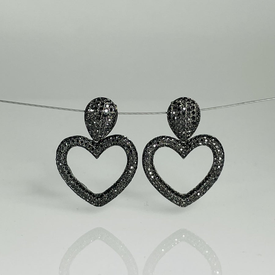 14K White Gold Black Diamond Heart Earrings 1.50ct
