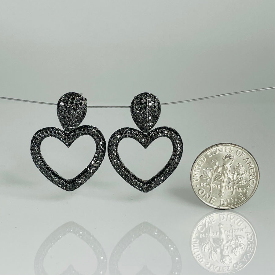 14K White Gold Black Diamond Heart Earrings 1.50ct