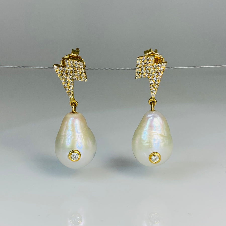 14K Yellow Gold Pearl and Diamond Lightning Bolt Earrings 0.46ct