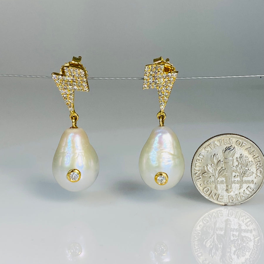 14K Yellow Gold Pearl and Diamond Lightning Bolt Earrings 0.46ct