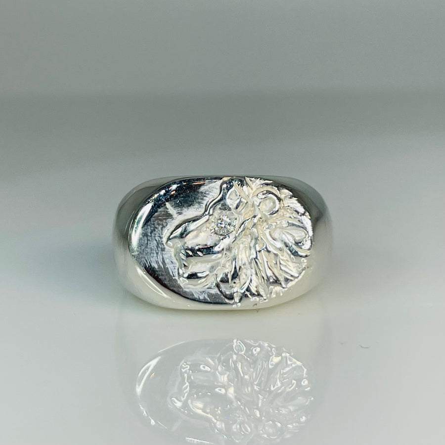Sterling Silver Lion Diamond Signet Ring 0.02ct
