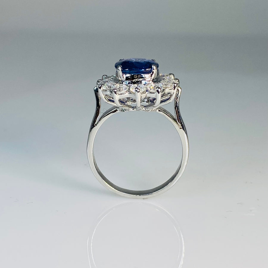 18K White Gold Blue Sapphire and Diamond Ring 2.33/1.10ct