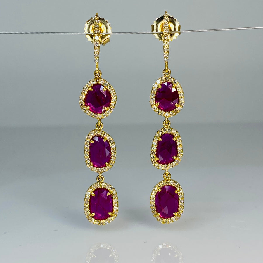 14K Yellow Gold Ruby and Diamond Multi-Drop Earrings 4.45/1.16ct