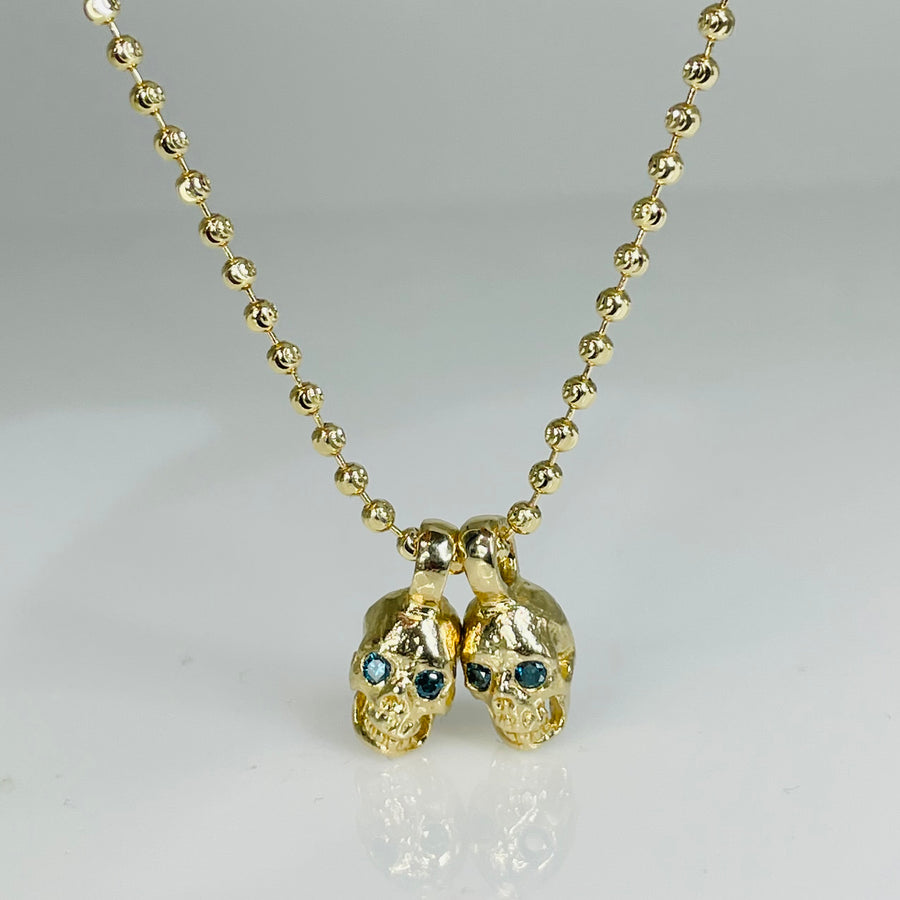 14K Yellow Gold Blue Diamond Evil Twins Skull Necklace