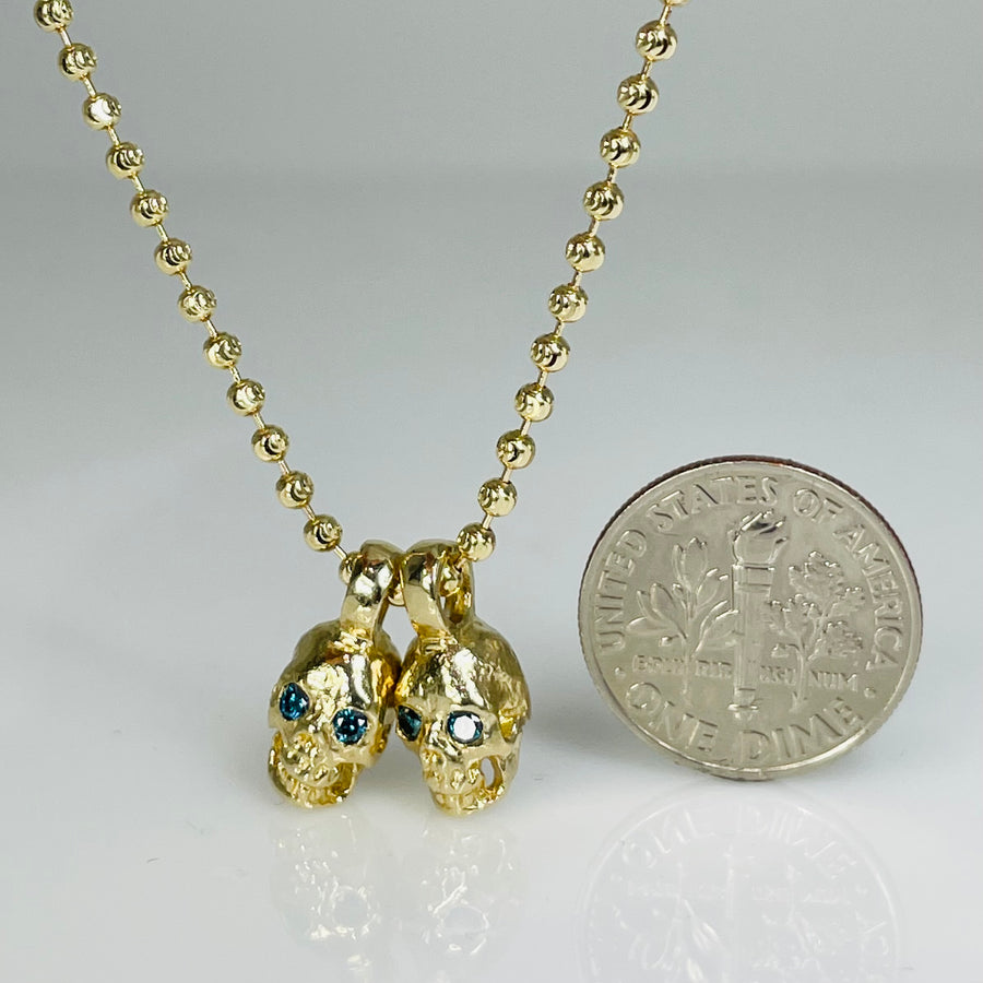 14K Yellow Gold Blue Diamond Evil Twins Skull Necklace