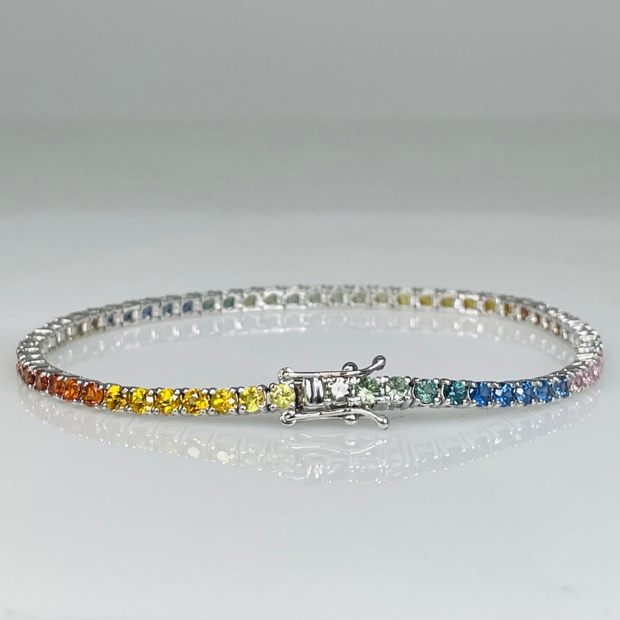 14K White Gold Rainbow Sapphire Tennis Bracelet 5.2ct