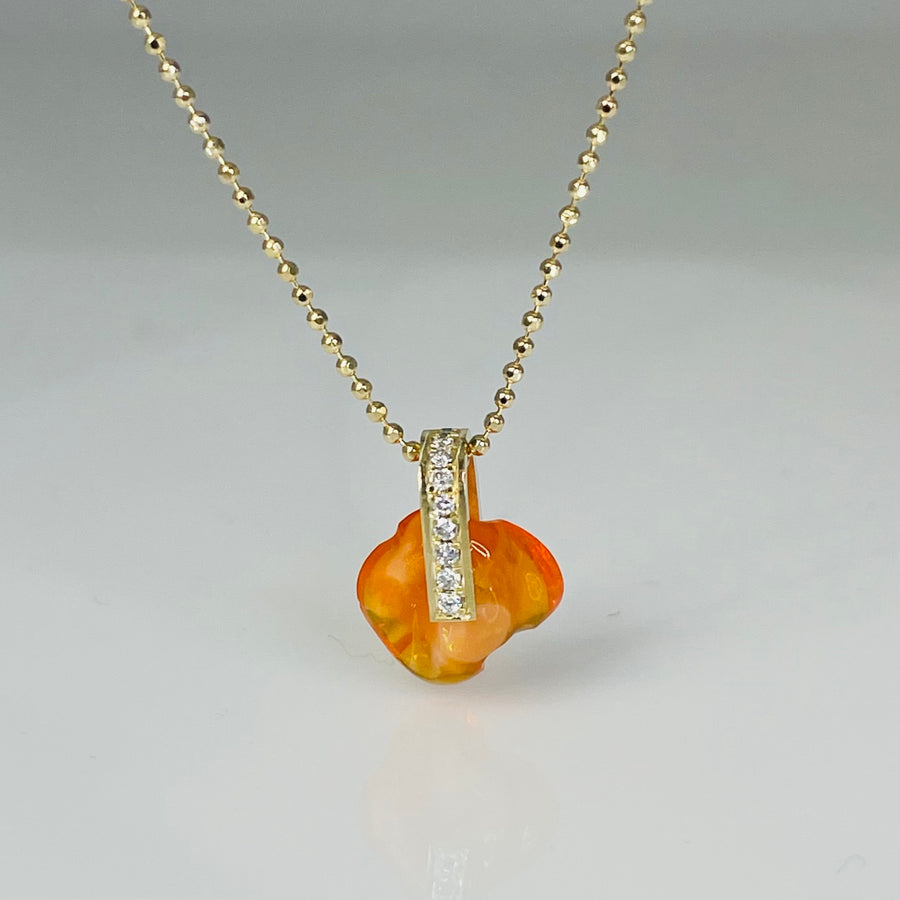 14K Yellow Gold Mexican Fire Opal and Diamond Necklace 9x13mm