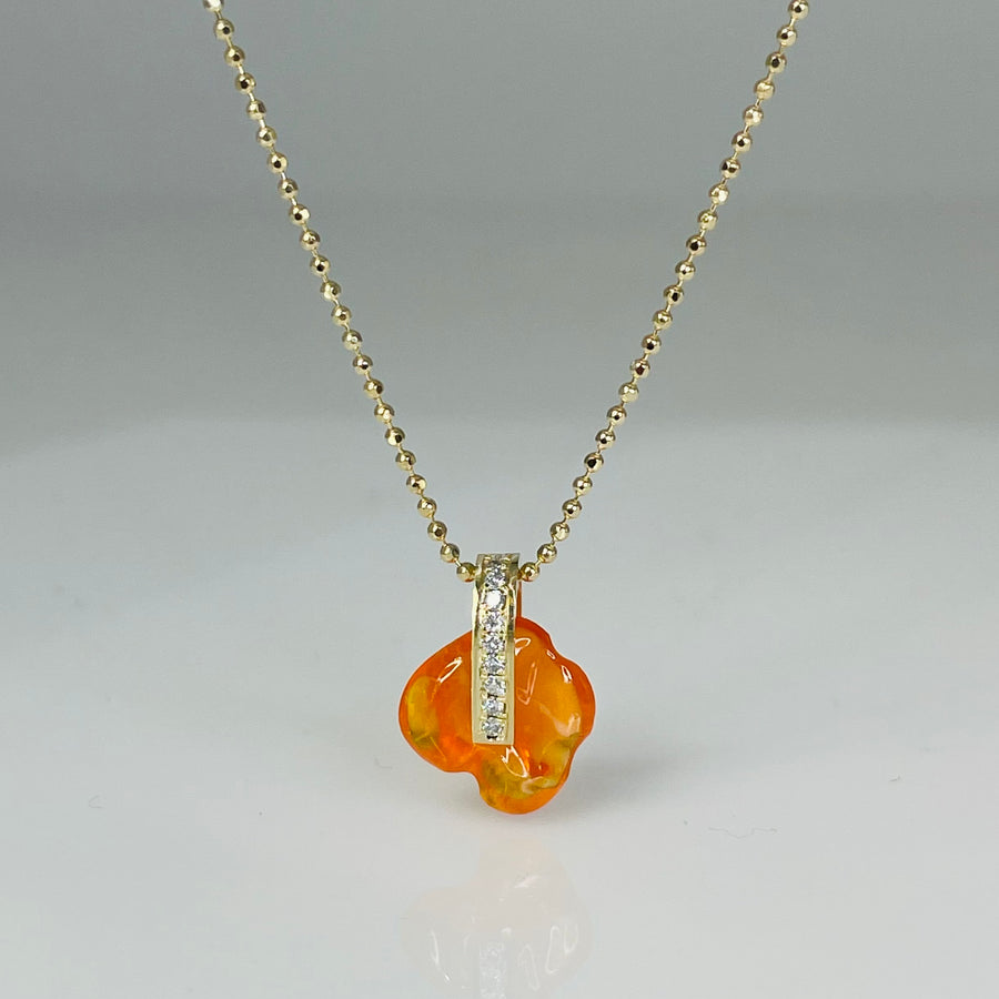 14K Yellow Gold Mexican Fire Opal and Diamond Necklace 9x13mm