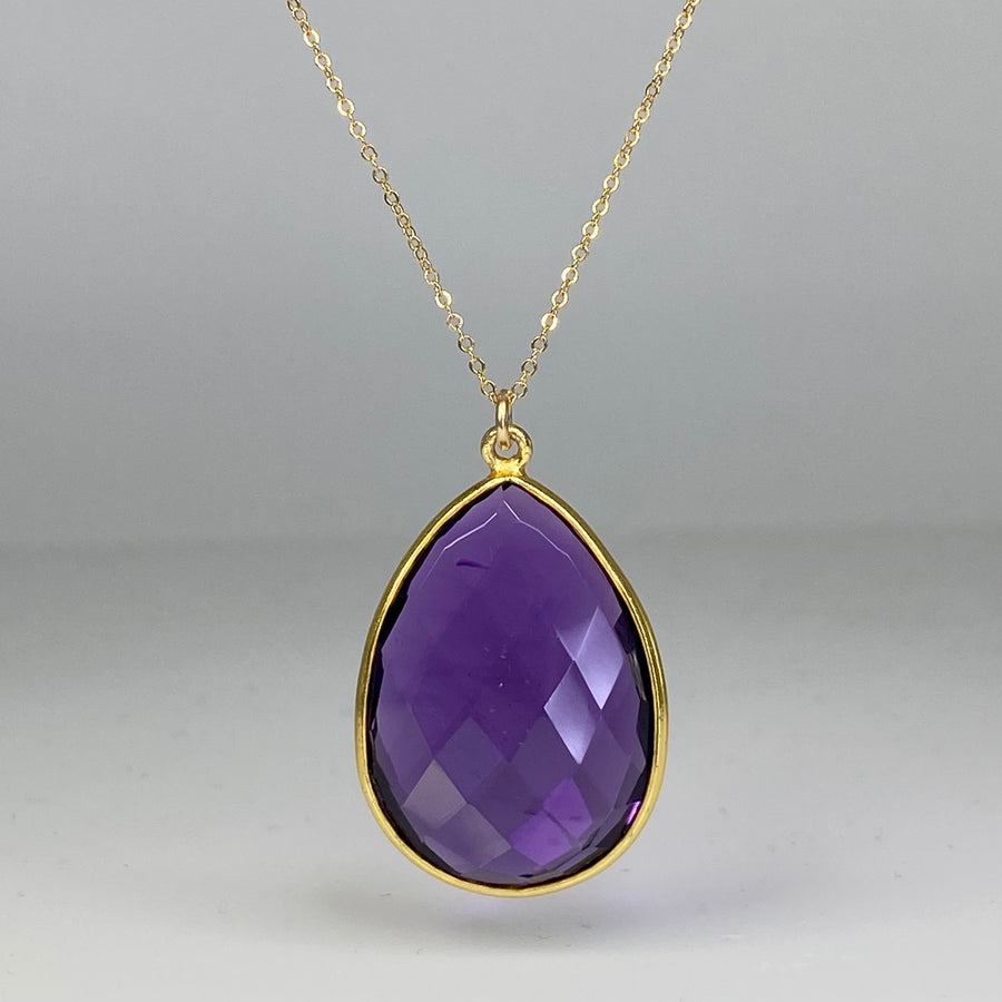 Pear Shape Amethyst Quartz Bezel Necklace 20x30mm