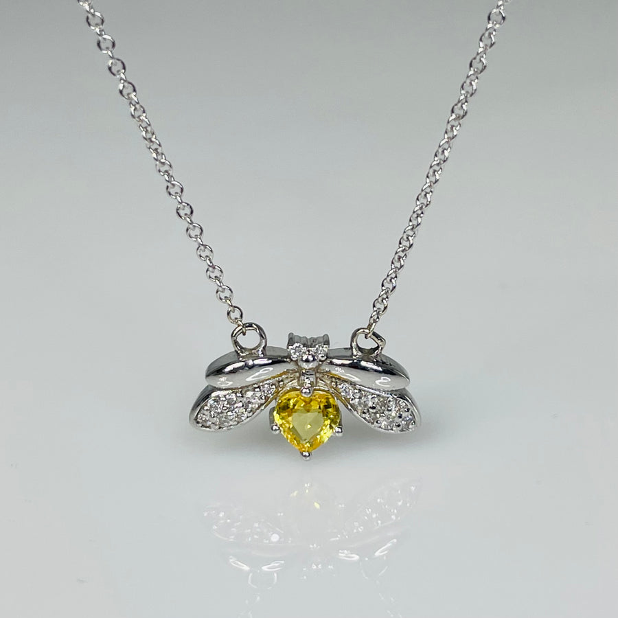 14K White Gold Yellow Sapphire Diamond Firefly Necklace 0.36ct