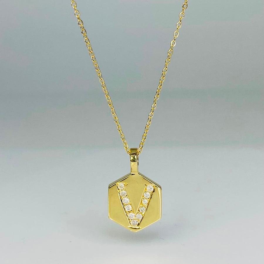 14K Yellow Gold Diamond Honeycomb Love Initial Necklace
