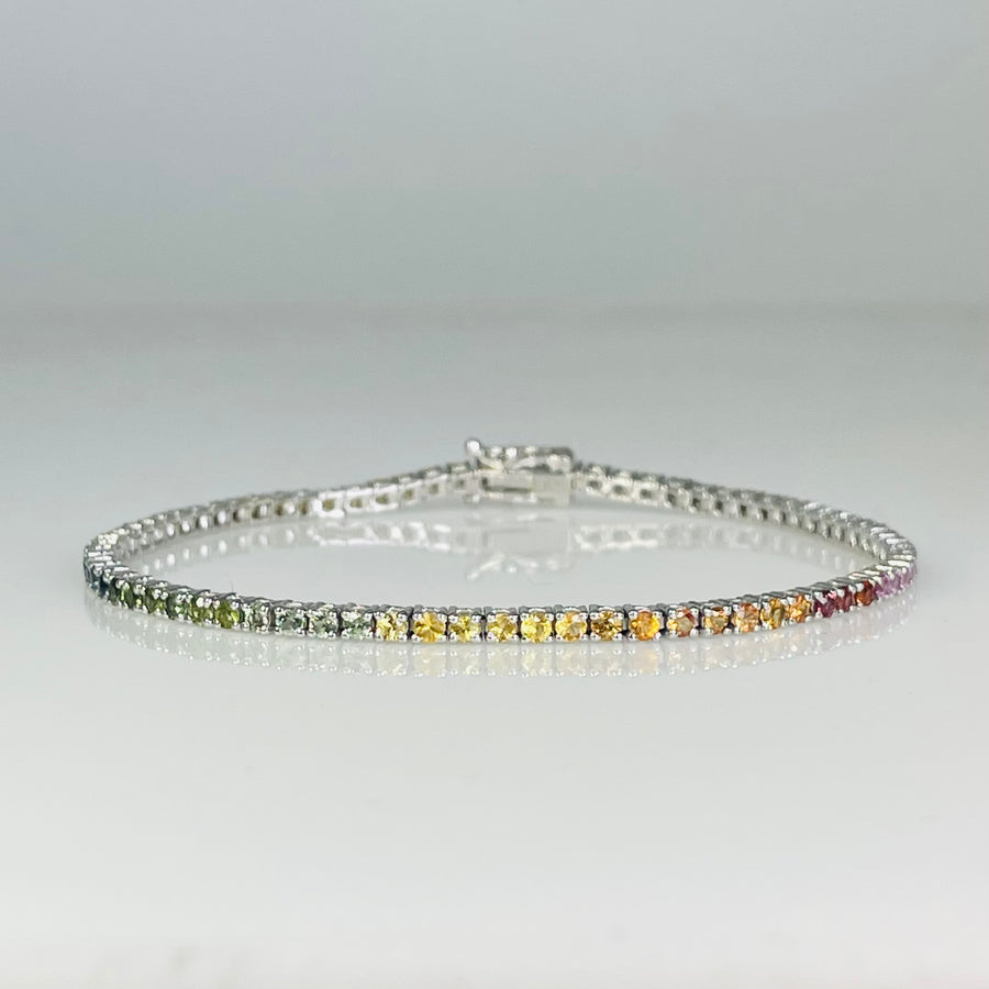 14K White Gold Rainbow Sapphire Tennis Bracelet 3.04ct
