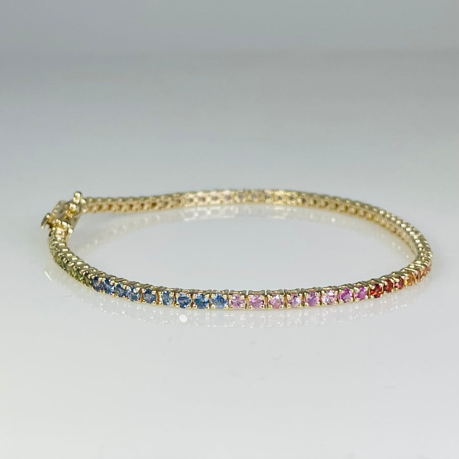 14K Yellow Gold Rainbow Sapphire Tennis Bracelet 3.04ct