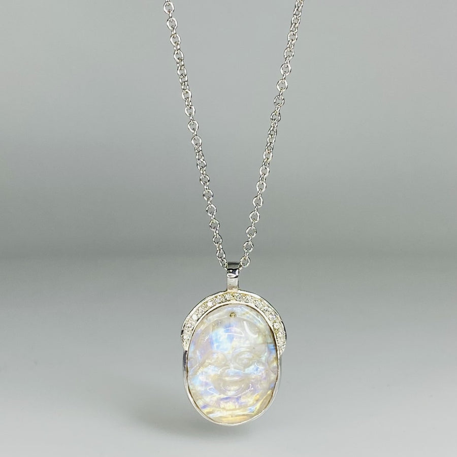 14K White Gold Rainbow Moonstone Buddha and Diamond Necklace