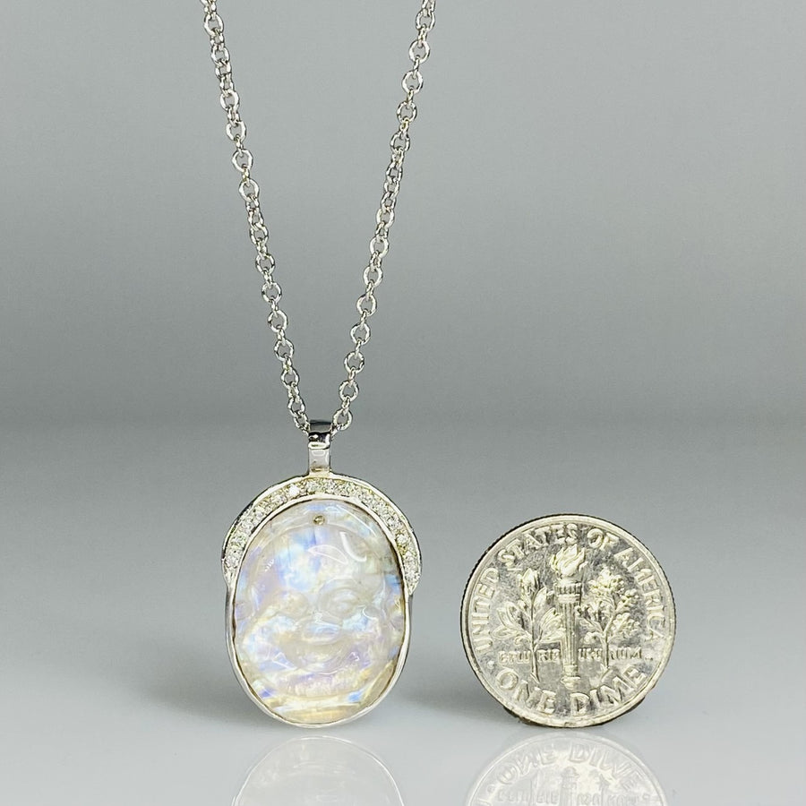 14K White Gold Rainbow Moonstone Buddha and Diamond Necklace