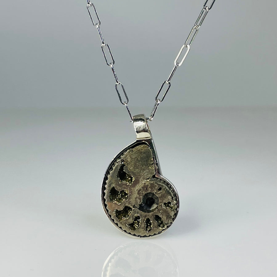 14K White Gold Pyritized Ammonite Necklace