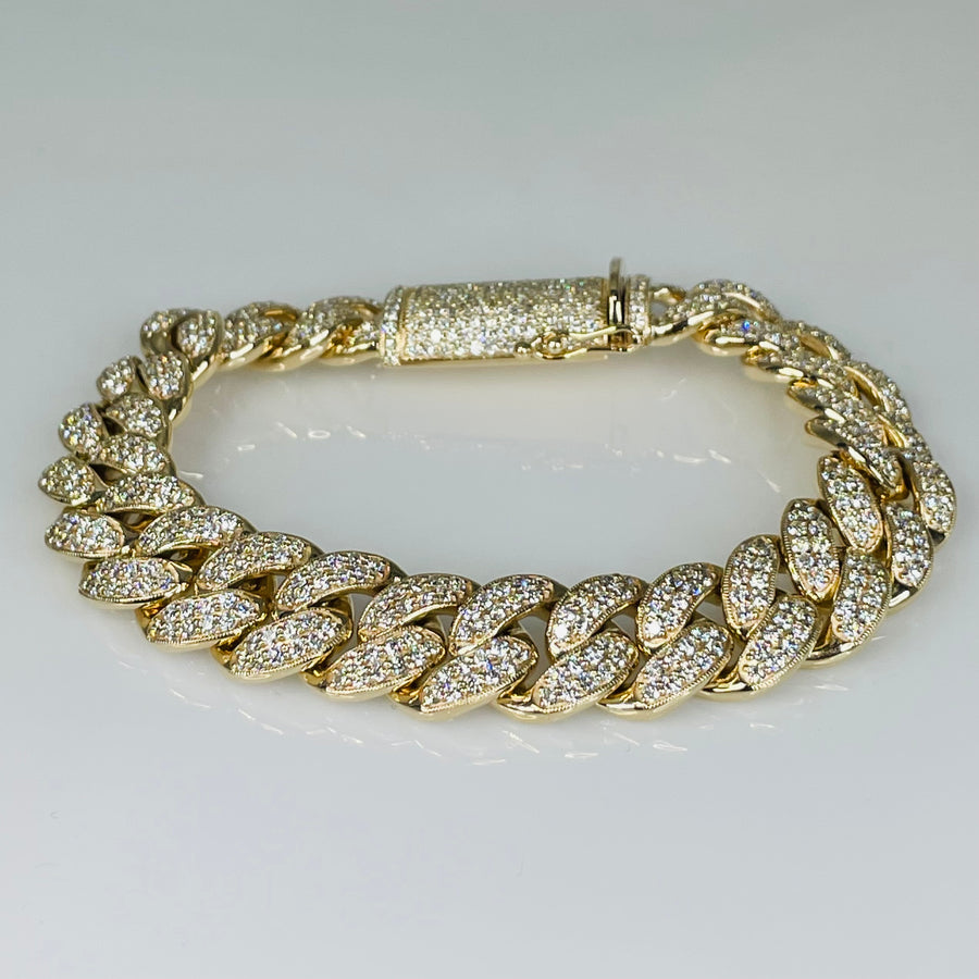 14K Yellow Gold Diamond Cuban Chain Bracelet 9.5ct