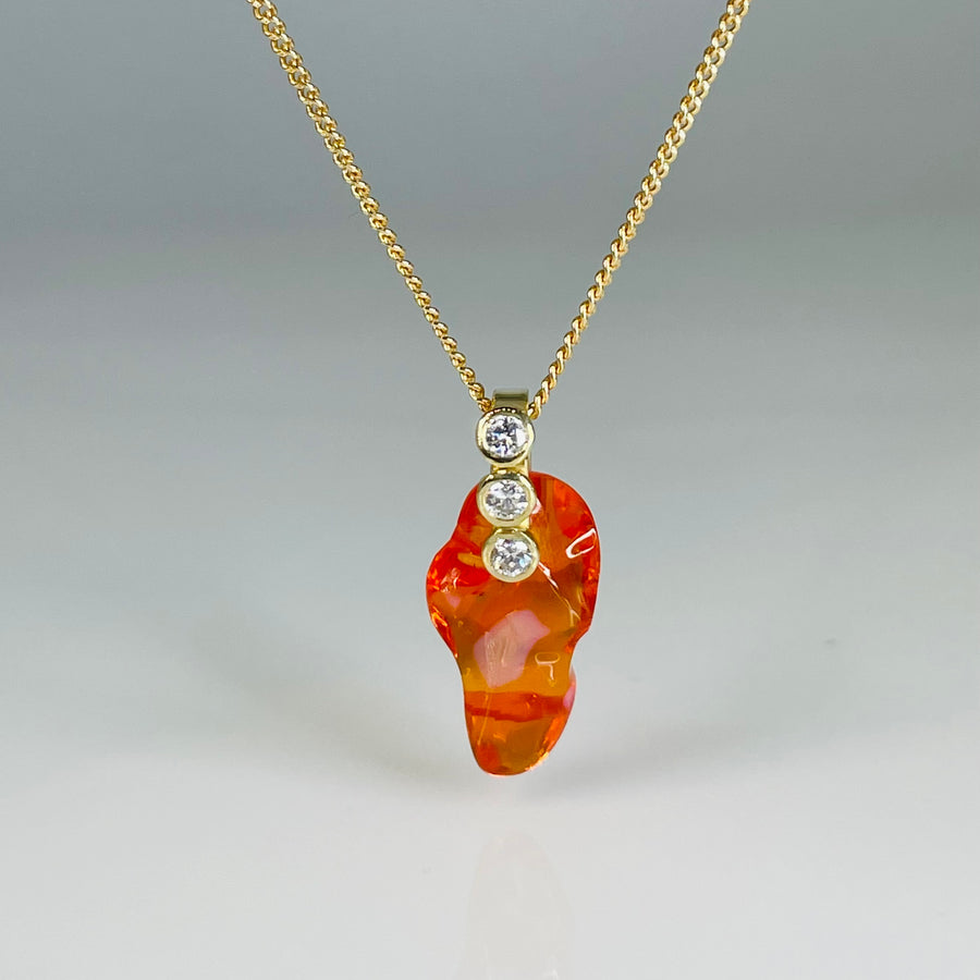 14K Yellow Gold Mexican Fire Opal and Diamond Necklace 9x18mm