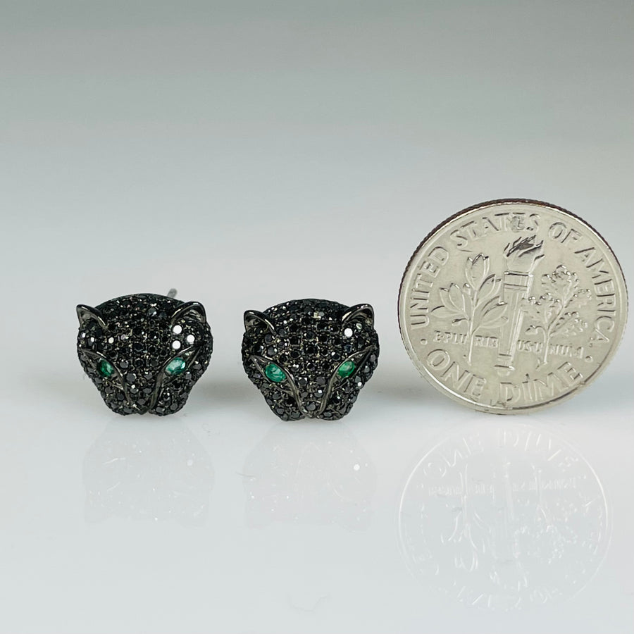 14K White Gold Black Diamond and Emerald Panther Earrings