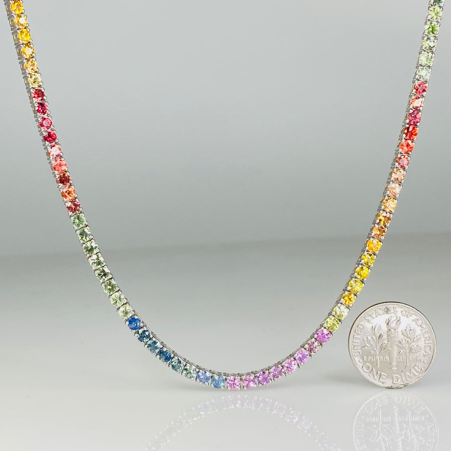 14K White Gold Rainbow Sapphire Tennis Necklace 17.69ct