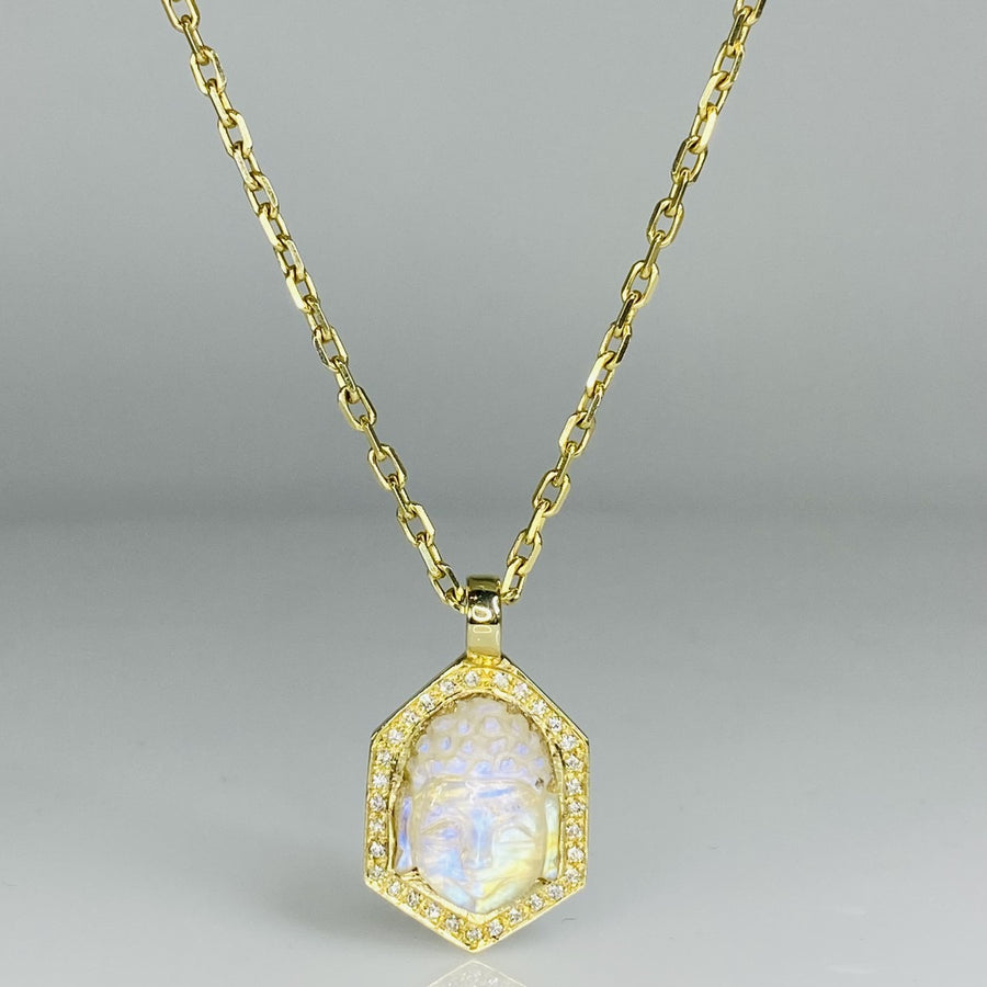 14K Yellow Gold Rainbow Moonstone Buddha and Diamond Necklace