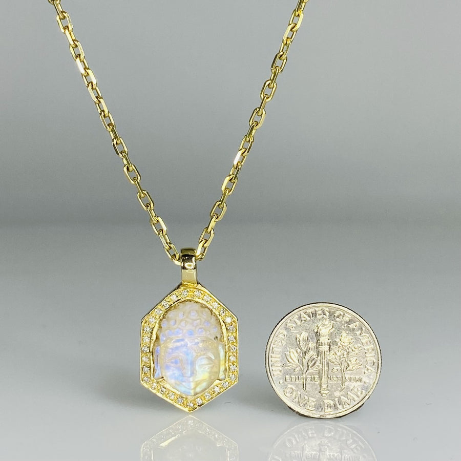14K Yellow Gold Rainbow Moonstone Buddha and Diamond Necklace