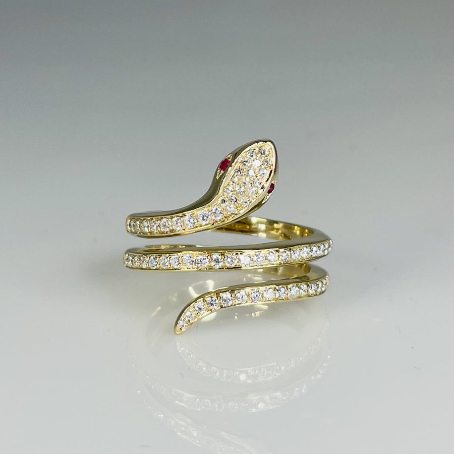 14K Yellow Gold Ruby and Diamond Snake Ring 0.02ct/0.45ct