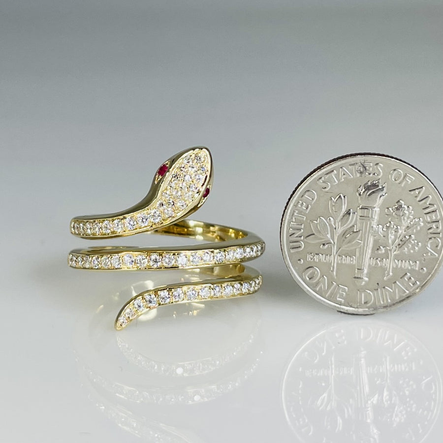 14K Yellow Gold Ruby and Diamond Snake Ring 0.02ct/0.45ct