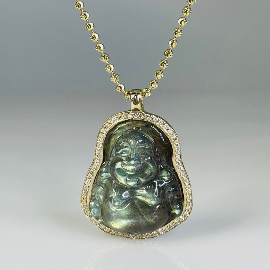 14K Yellow Gold Labradorite Diamond Buddha Necklace 31.35ct