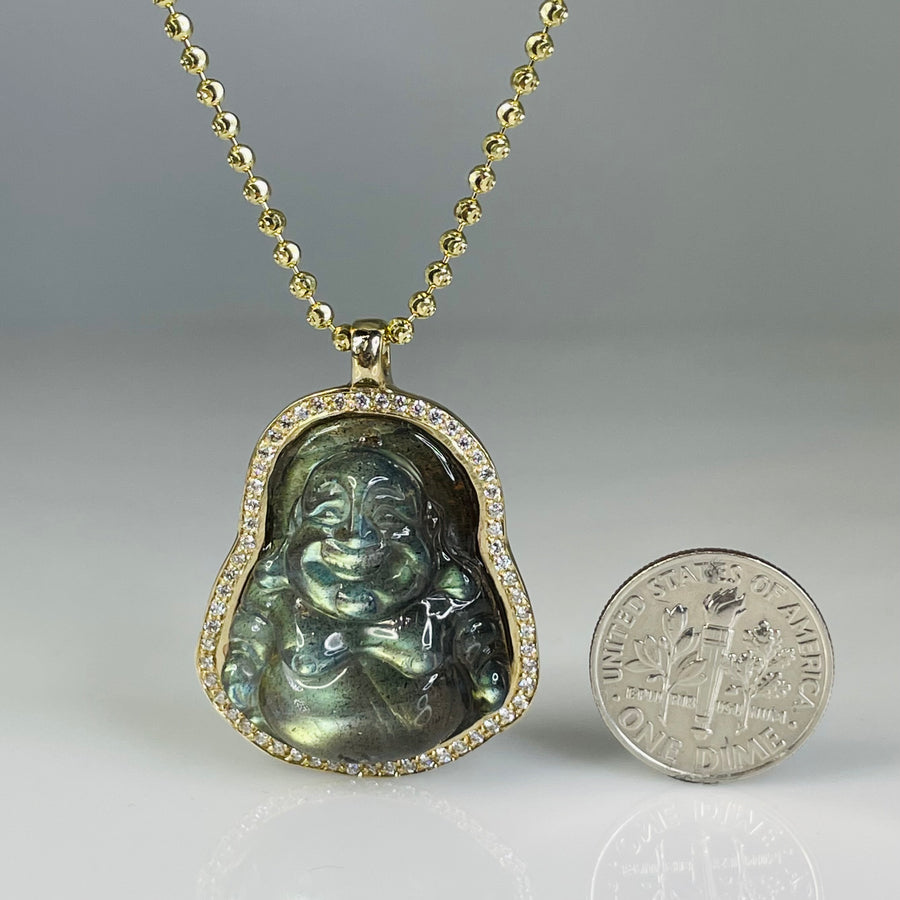 14K Yellow Gold Labradorite Diamond Buddha Necklace 31.35ct