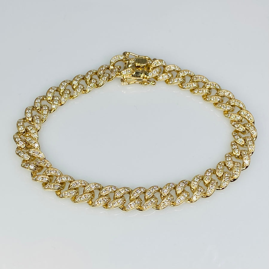 14K Yellow Gold White Diamond Cuban Chain Bracelet 2.00ct