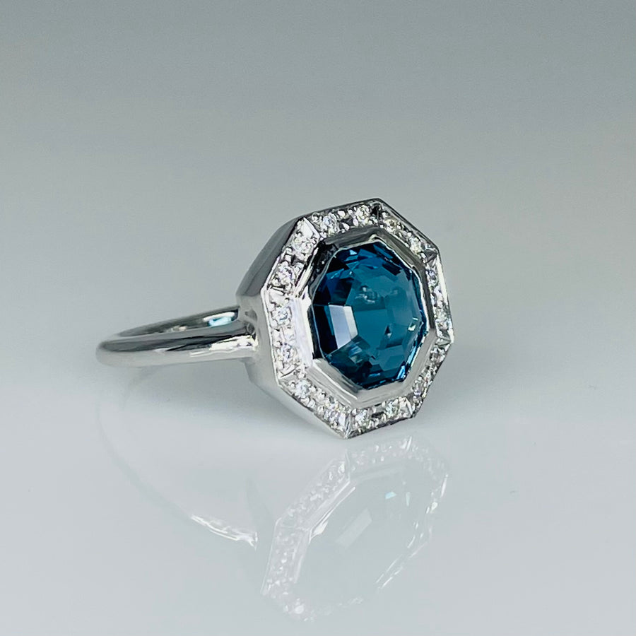 14K White Gold London Blue Topaz and Diamond Ring 3.05ct/0.10ct