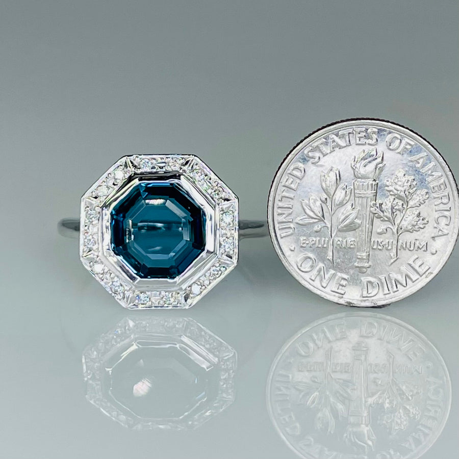 14K White Gold London Blue Topaz and Diamond Ring 3.05ct/0.10ct