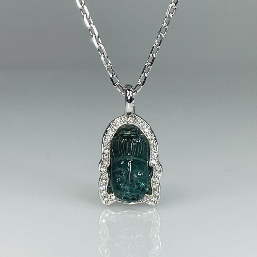 14K White Gold Blue Tourmaline Buddha Necklace 8.04ct/0.18ct